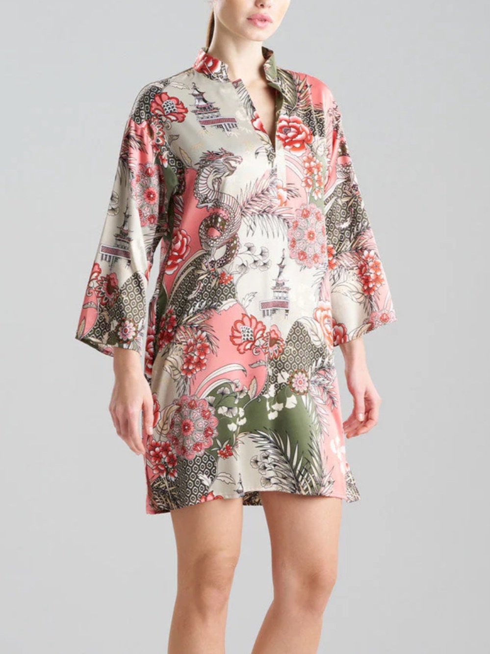 Natori Satin Floral-Dragon Print Blouse in Pink and Green
